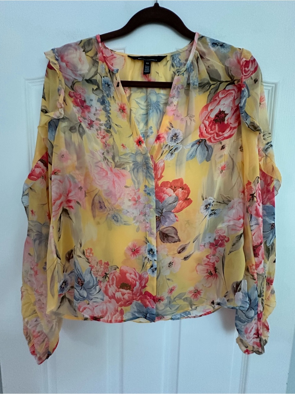 White House Black Market Yellow Floral Sheer V-Neck Blouse